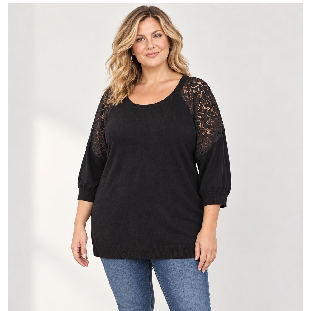 ASOS Curve Tunic Sweater Womens US 22 Black NWT Lace Shoulder 3/4 Sleeve